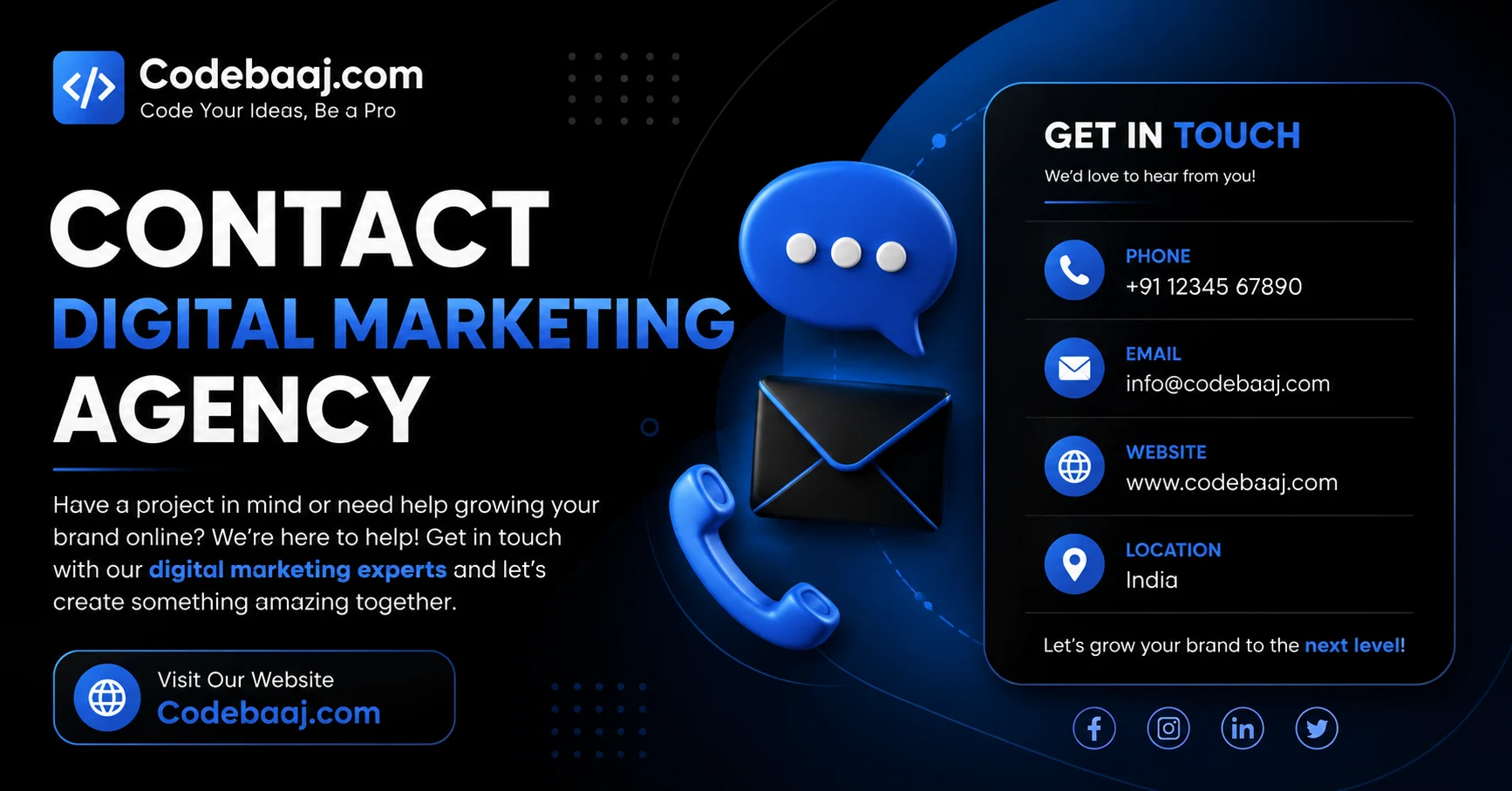 Contact CodeBaaj for web development, SEO, digital marketing, and app development services.