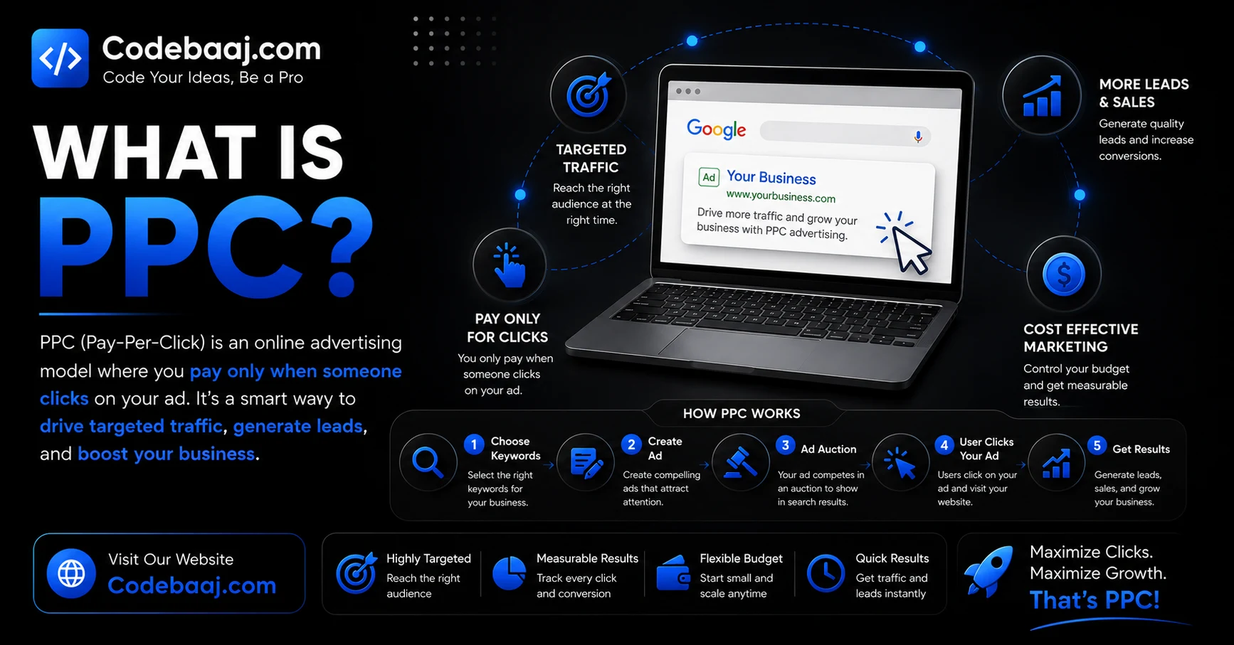 PPC advertising complete guide with Google Ads, CPC, and lead generation strategies by CodeBaaj